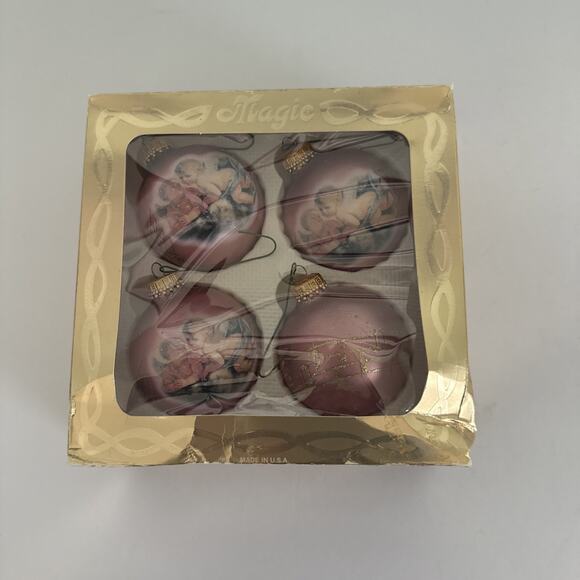 Krebs Glass Christmas Ornaments Glitter Cherub Music Notes Dusty Rose 4-2.5" VTG - Picture 4 of 7